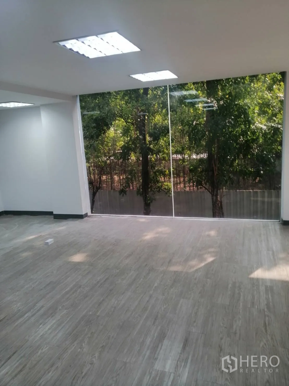 Retail Space for rent in Watthana, Bangkok - Sunlit room with wood-look flooring and a large window facing greenery.