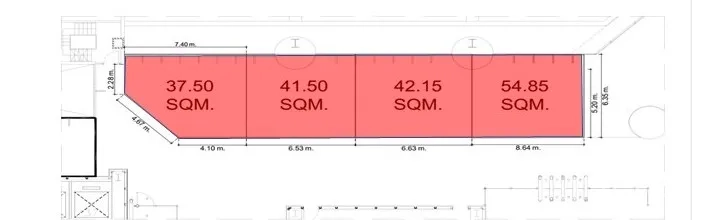 Retail Space for rent in Bang Rak, Bangkok - Floor plan of adjacent retail units showing 37.50, 41.50, 42.15 and 54.85 sqm spaces, highlighting the largest corner.