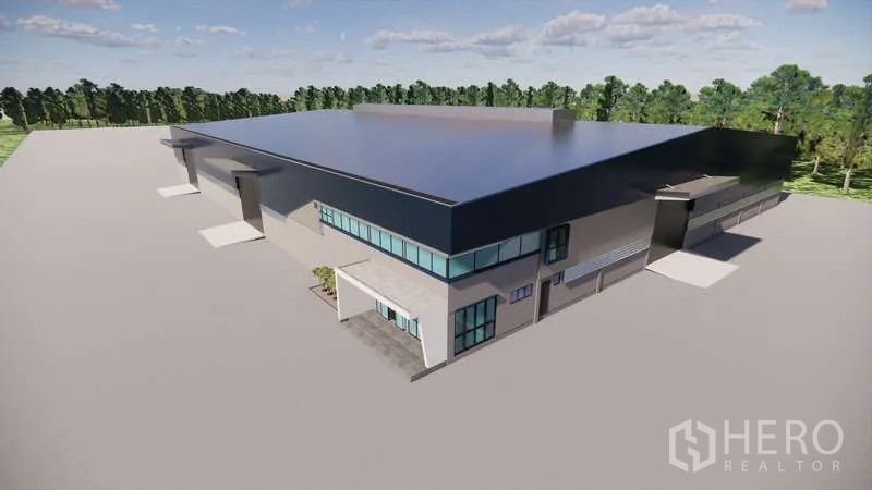 Warehouse for rent or sale in Nikhom Phatthana, Rayong - 3D render of the completed modern warehouse with large roof and front office block.