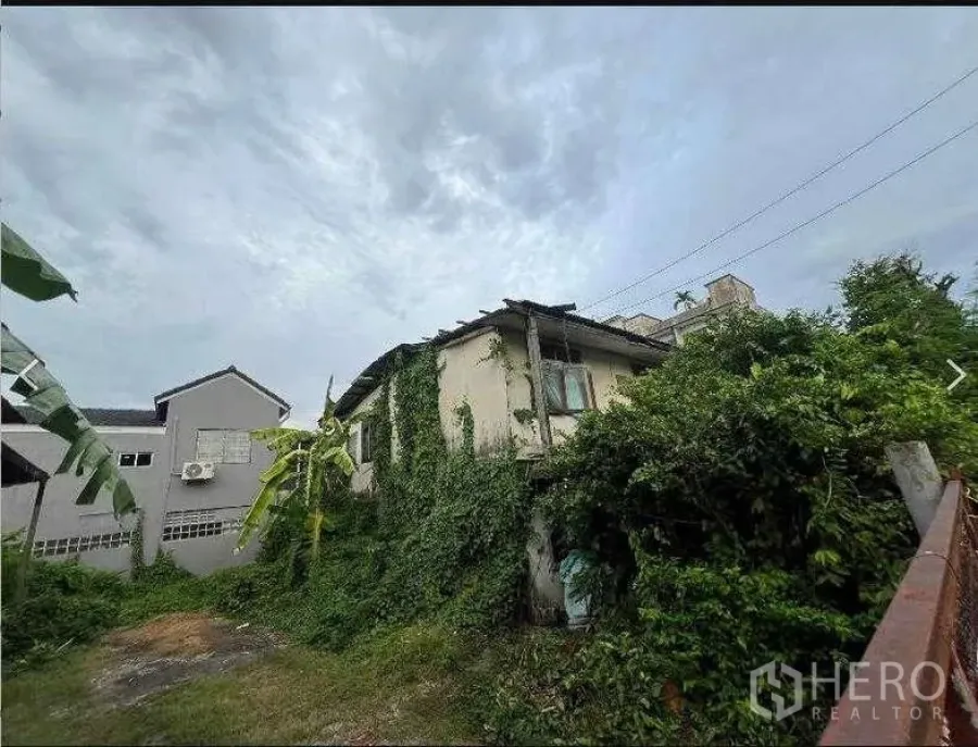 Land for sale in Phra Khanong, Bangkok - Vacant plot with ivy-covered house, banana trees, and neighboring low-rise buildings.
