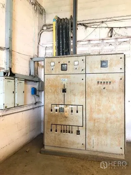 Factory for sale in Lam Luk Ka, Pathum Thani - Electrical control cabinet and meters inside the factory utility room.