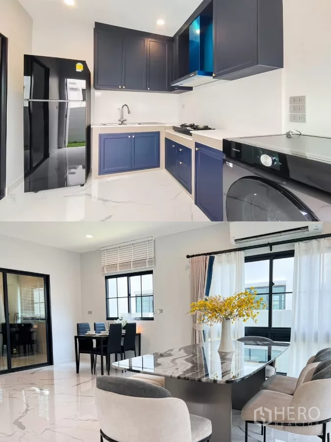 Detached House for rent in Khan Na Yao, Bangkok - Bright kitchen with blue cabinetry, gas hob and appliances beside a chic dining area.