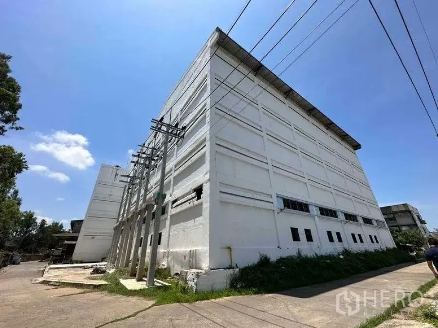 Factory for rent in Mueang Samut Prakan, Samut Prakan - Multi-storey white factory exterior with power lines on a clear day in Mueang Samut Prakan.