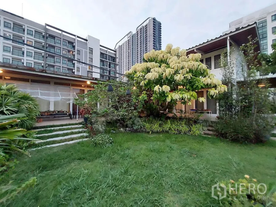 独栋房屋 for rent or sale in Mueang Samut Prakan, Samut Prakan - 带大草坪与繁茂树木的独栋别墅，背景为多栋公寓楼。