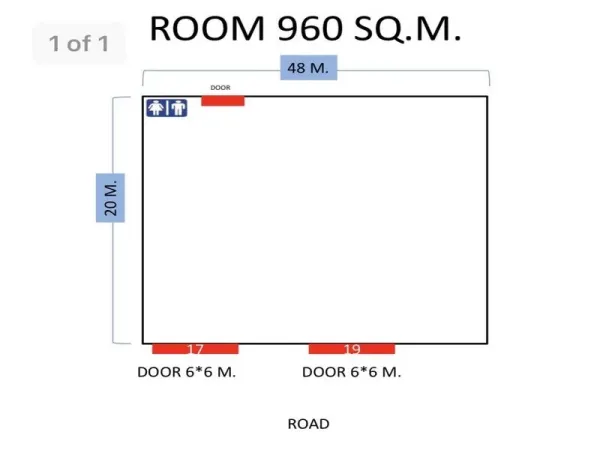 Warehouse for rent in Lat Krabang, Bangkok - Floor plan of 960 sqm warehouse measuring 48x20 m with two 6x6 m loading doors.