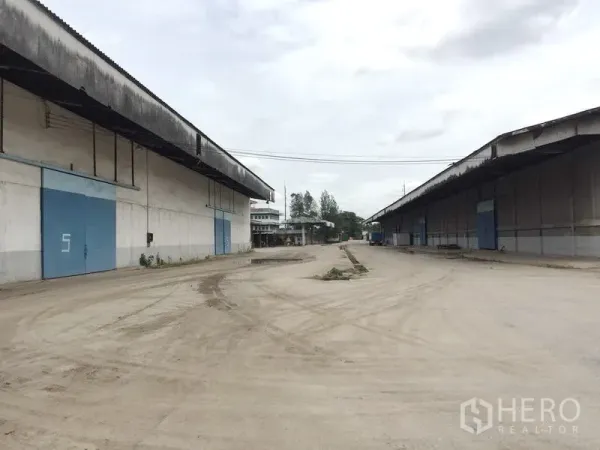 Warehouse for rent in Pathum Thani - Spacious truck yard between two long concrete warehouses with blue sliding doors in Pathum Thani.