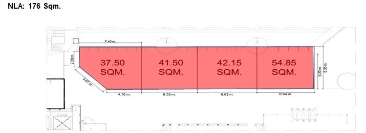 Retail Space for rent in Bang Rak, Bangkok - Floor plan illustrating four adjoining retail bays with measured dimensions in a linear layout.