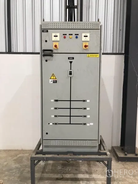 Factory for rent in Samut Prakan - Industrial three-phase electrical control cabinet inside the warehouse.