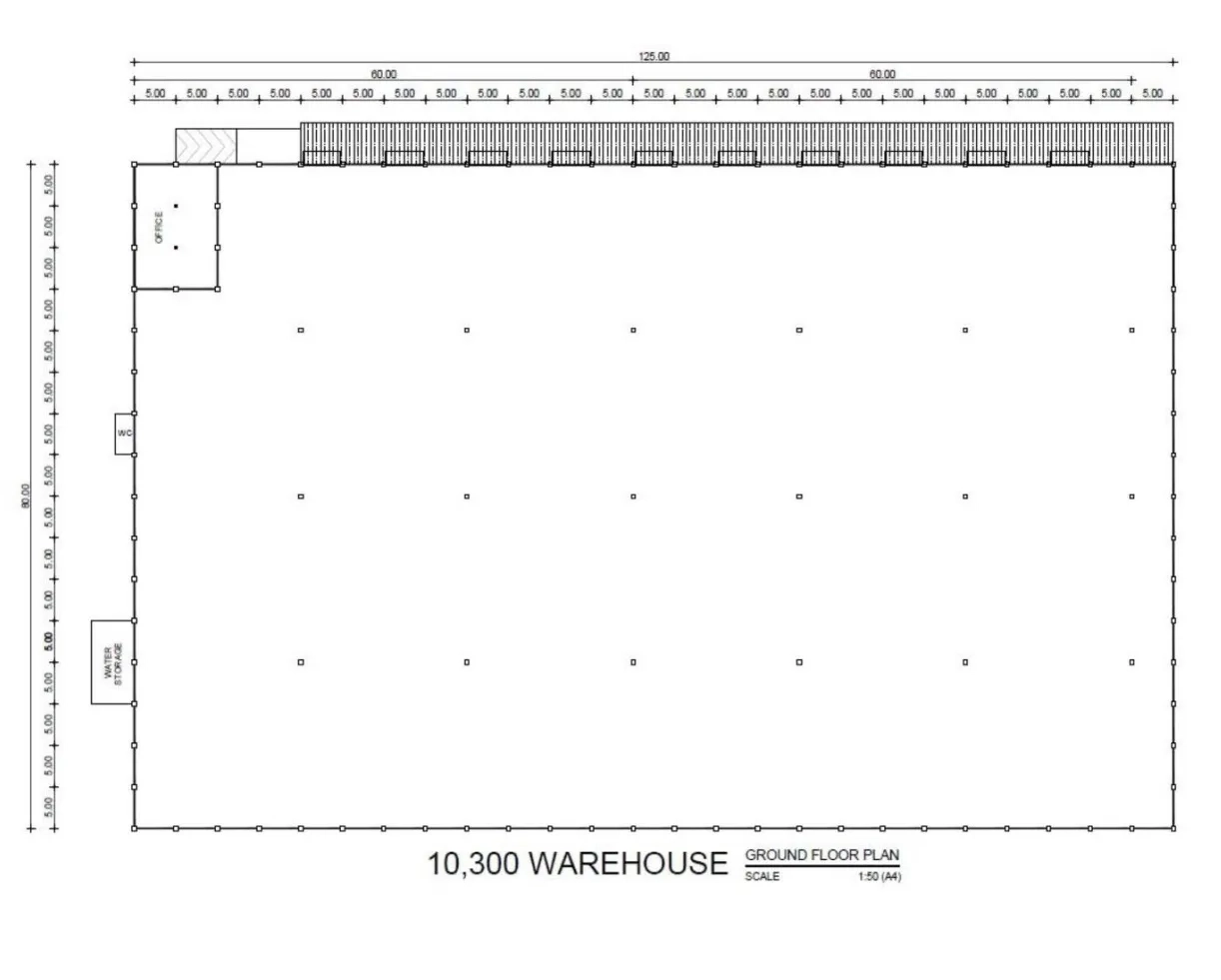 Warehouse for rent in Phra Nakhon Si Ayutthaya - Floor plan illustrating 10,300 sqm warehouse layout with office and dock positions.