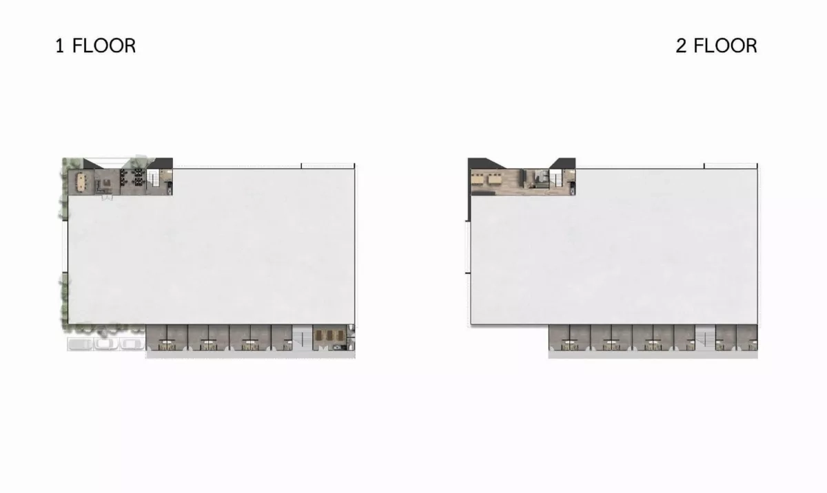 Factory for rent or sale in Phutthamonthon, Nakhon Pathom - Floor plans for level 1 and level 2 illustrating office, warehouse and staff quarters.