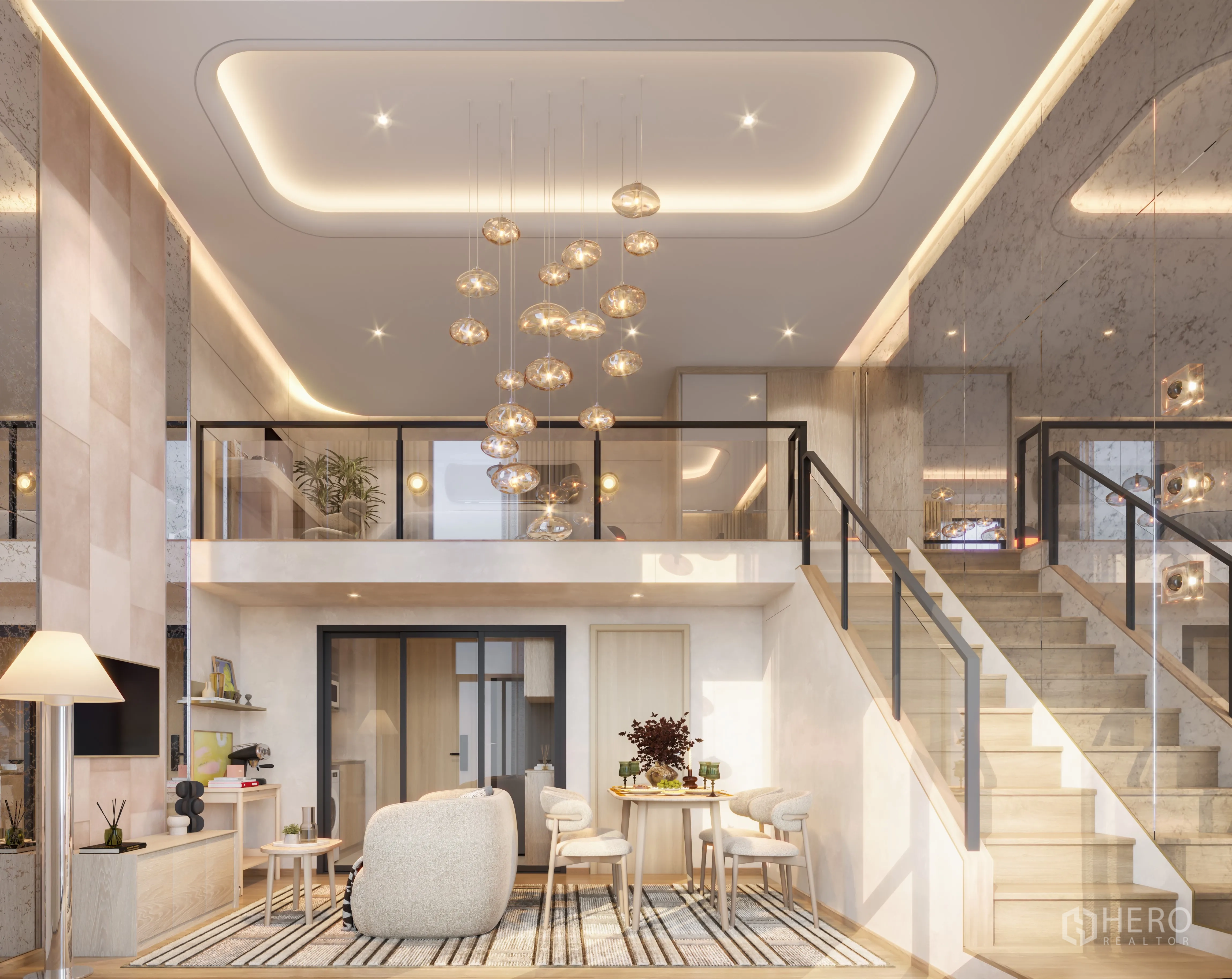 Condominium for sale in Watthana, Bangkok - Loft-style condo living area with double-height ceiling, mezzanine, glass-railed staircase, pendant lights, and a cozy dining corner.
