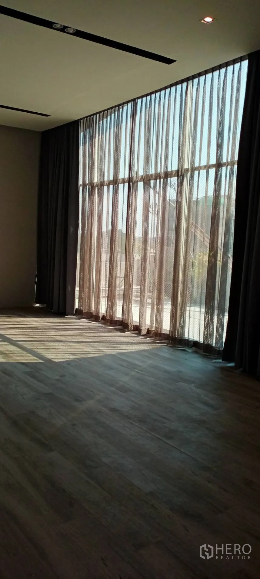 Office Space for rent - Full-height windows with sheer curtains casting sunlight across the wood floor.