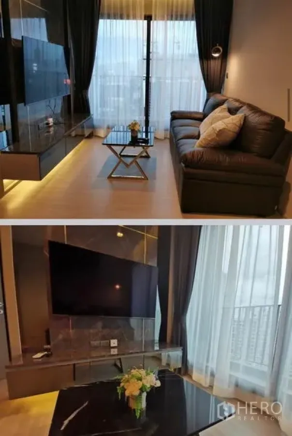 Condominium for rent in Huai Khwang, Bangkok - Modern living room with leather sofa, TV wall, and floor-to-ceiling windows opening to a city-view balcony