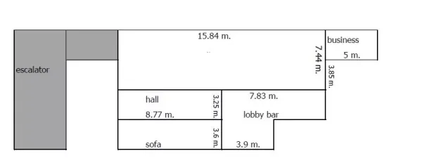 Retail Space for rent in Pathum Wan, Bangkok - Floor plan showing hall, lobby bar, sofa area, business room and escalator access with dimensions.