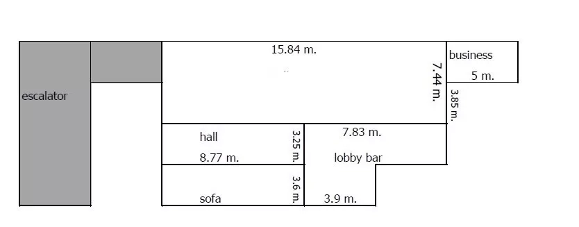 Retail Space for rent in Pathum Wan, Bangkok - Floor plan showing hall, lobby bar, sofa area, business room and escalator access with dimensions.