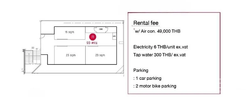 Office Space for rent in Watthana, Bangkok - Floor plan showing a 93 sqm office layout with rooms and bathrooms.