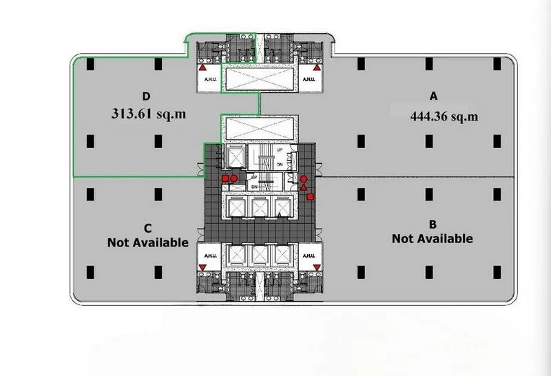 Office Space for rent or sale in Watthana, Bangkok - Floor plan highlighting Unit D with approximately 313.61 sq.m and elevator core.