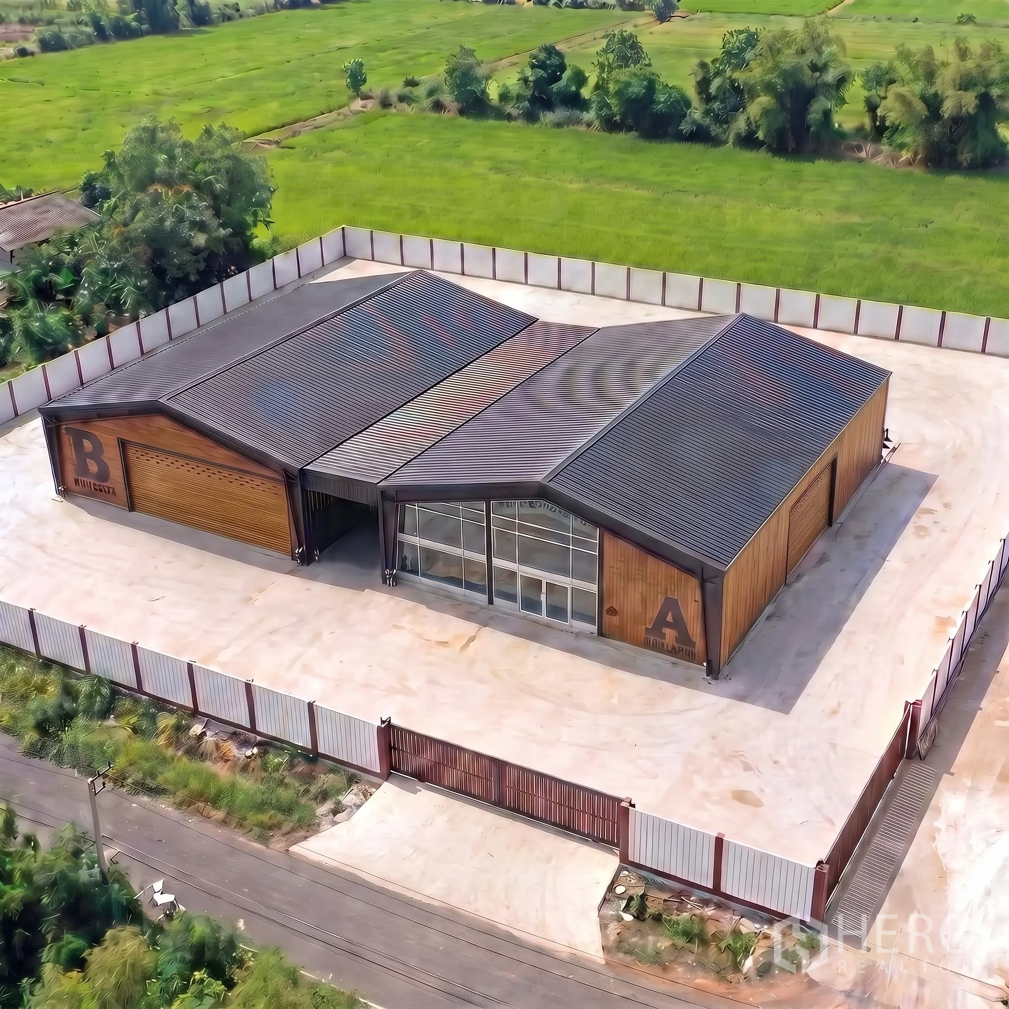 工厂 for sale in Lam Luk Ka, Pathum Thani - 俯瞰带围墙与大门的双仓库工厂，中央玻璃立面与宽阔混凝土场地，周围为绿地。